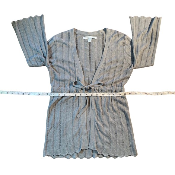 Vintage Gray Ribbed Knit Tie Waist Scalloped Hem Cardigan Sweater Small Y2K 90s - Picture 14 of 16